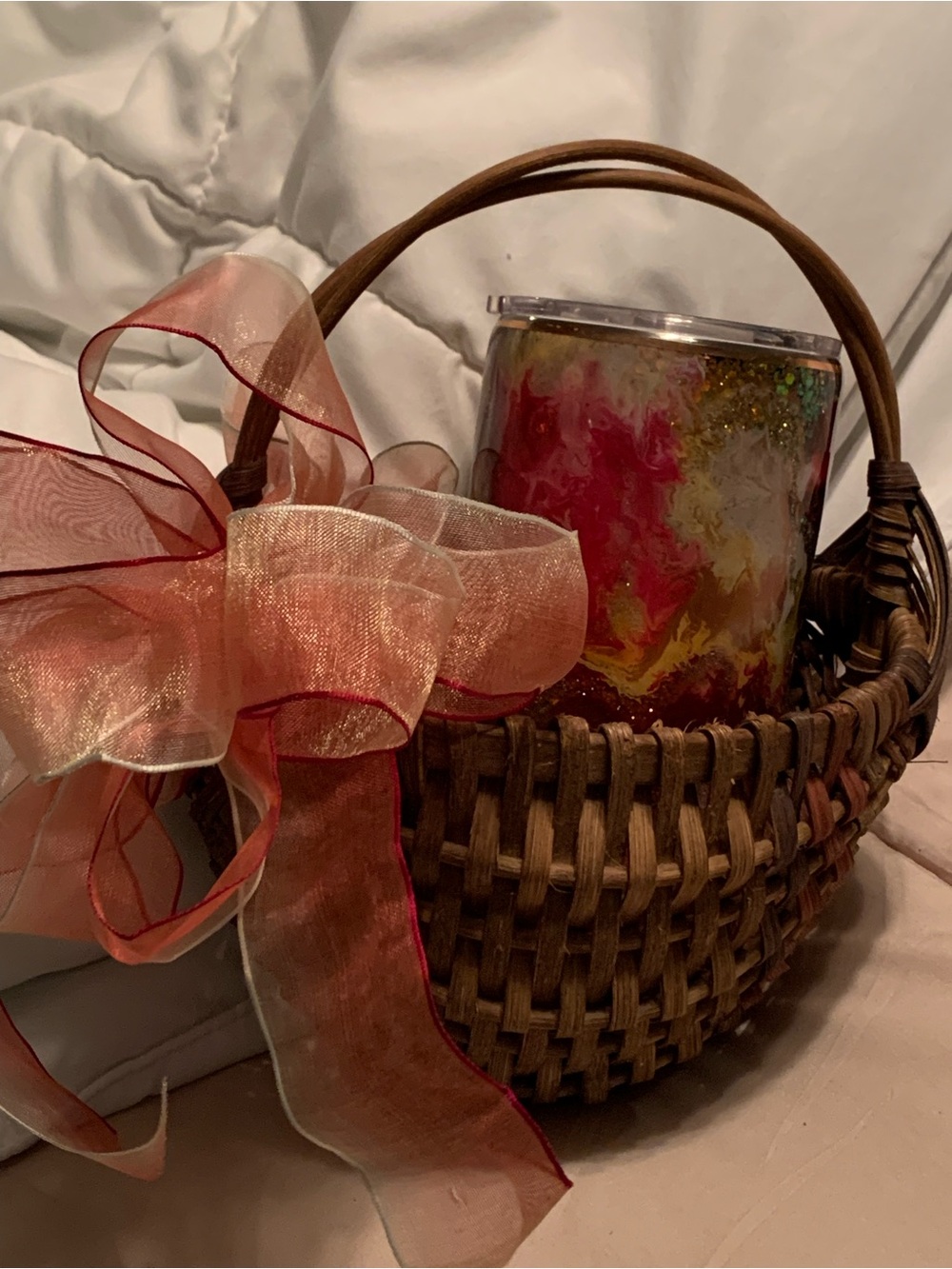 Decorative Red and Gold Swirl Tumbler with Ribbon Accent